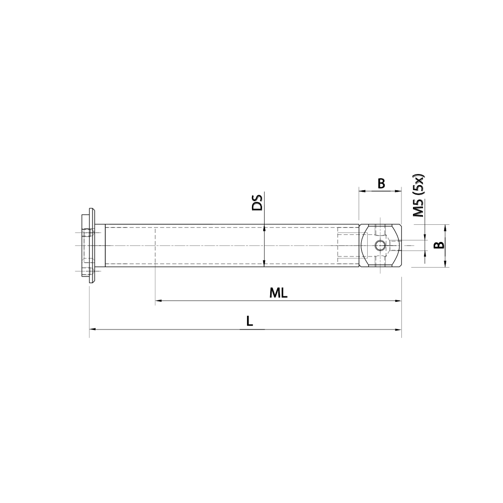 Drawing of product M5 Adaptor Plate Extension carbon fiber; L 126.5 mm; DS 20.0 mm; B 20.0 mm