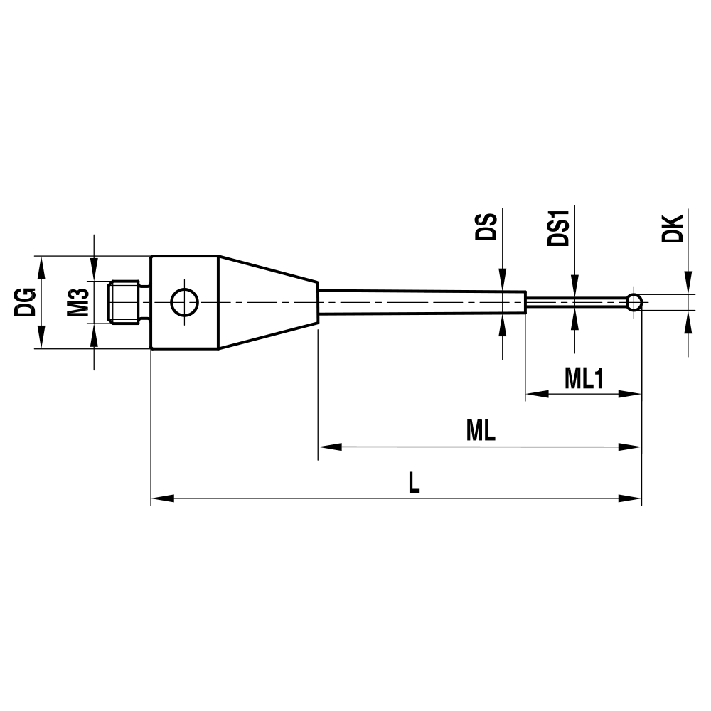 Drawing of product M3 Straight Stylus for ZEISS XXT; DK 0.5 mm; L 20.0 mm