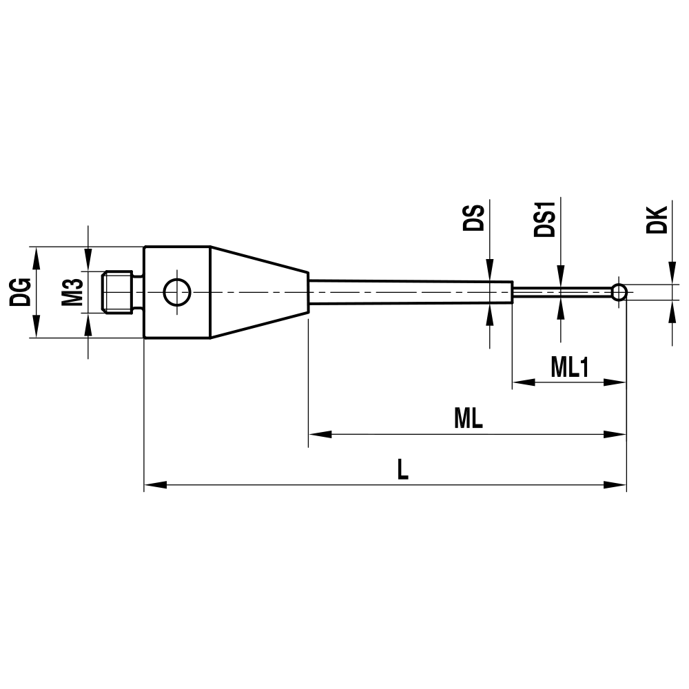 Drawing of product M3 Straight Stylus for ZEISS XXT; DK 0.6 mm; L 20.0 mm