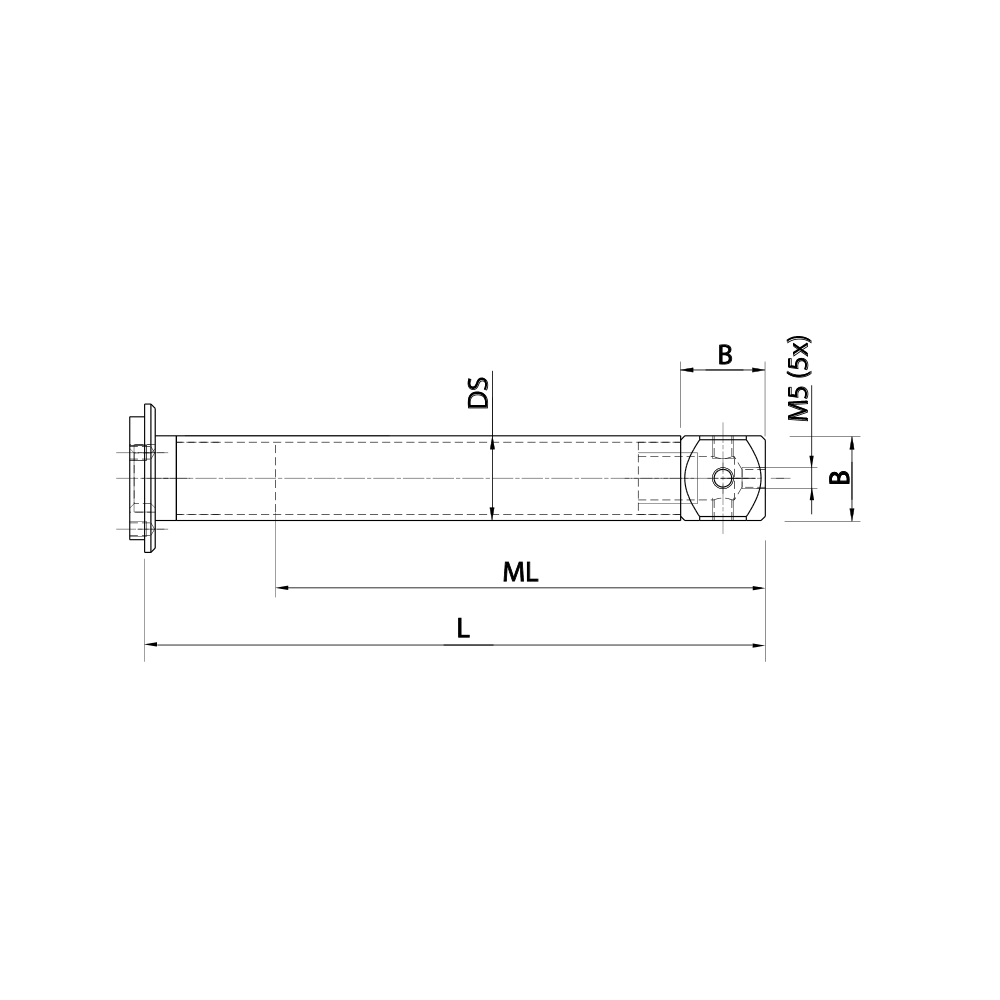 Drawing of product M5 Adaptor Plate Extension carbon fiber; L 146.5 mm; DS 20.0 mm; B 20.0 mm